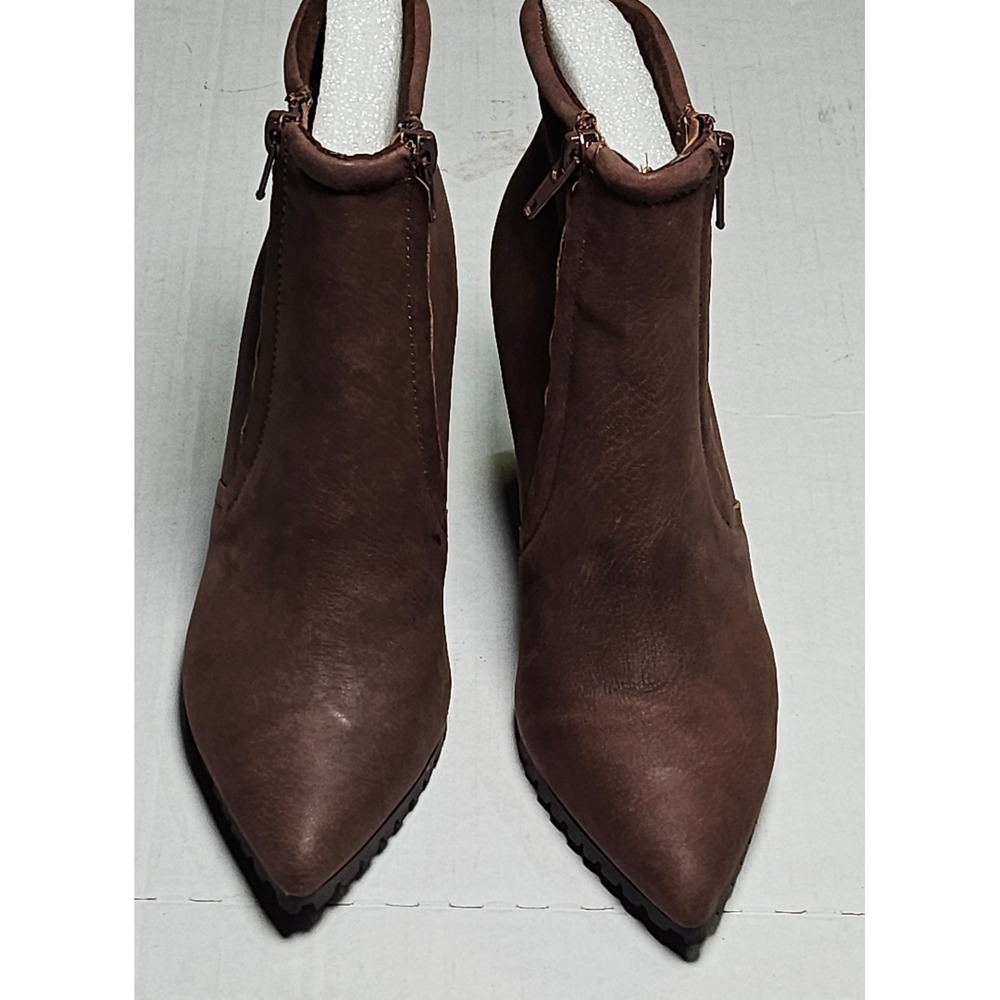H by‎ Halston Brown Leather Wedge Ankle Boots Pointed Toe Side Zip A271616 Sz 6M